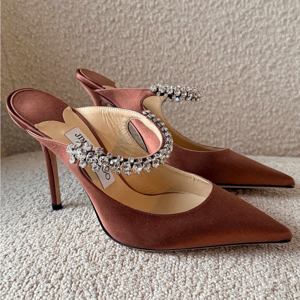 Jimmy Choo Brown Satin Crystal-Embellished Pointed-Toe Heels